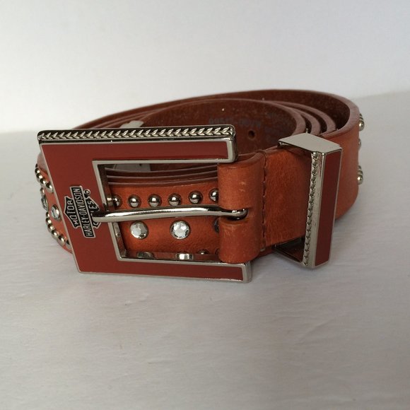 Harley-Davidson Womens Belt 1W Genuine Leather Brown Tan Rhinestones Studded HD - Picture 2 of 8